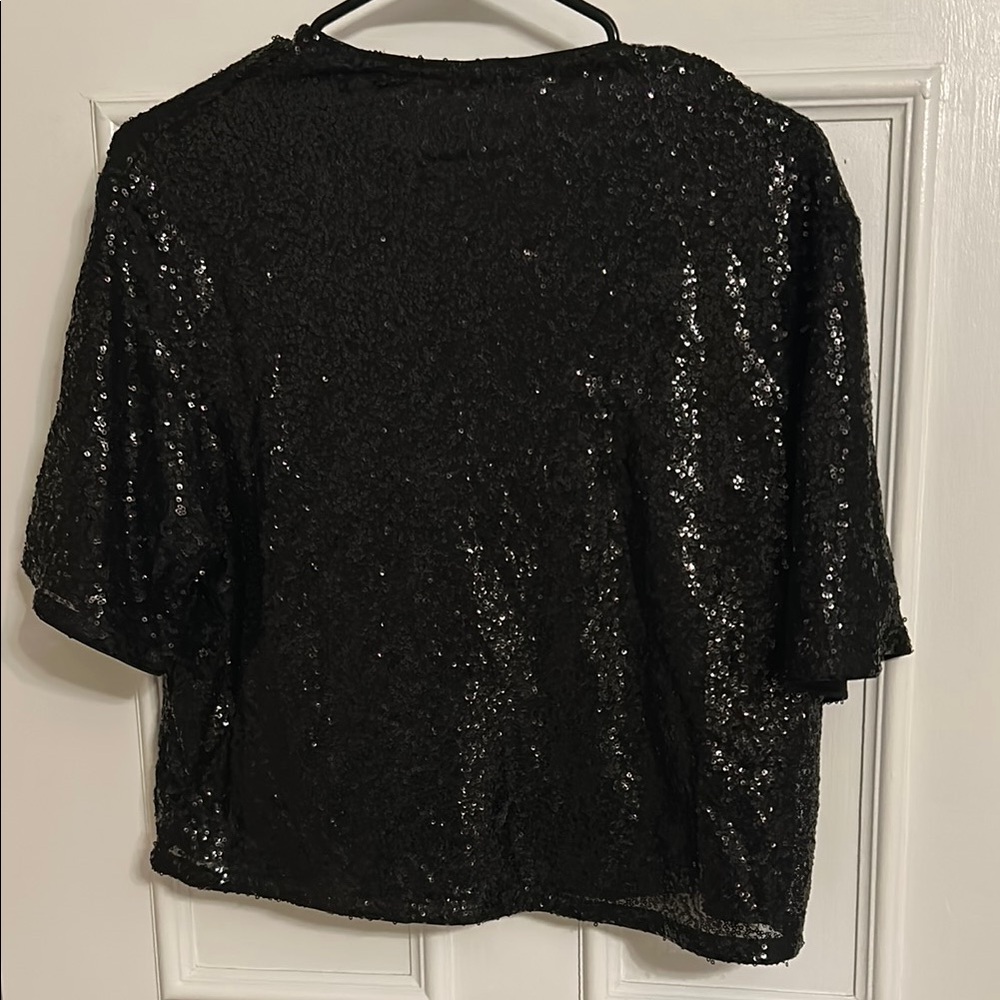 H&M Black Sequin Boxy Blouse Short Sleeve